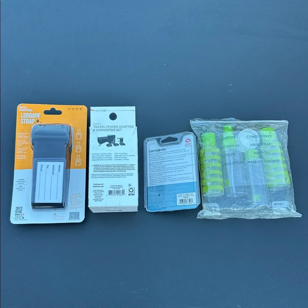 Universal Travel set of Power Adapter, strap, lock & cosmetic travel bottles-new